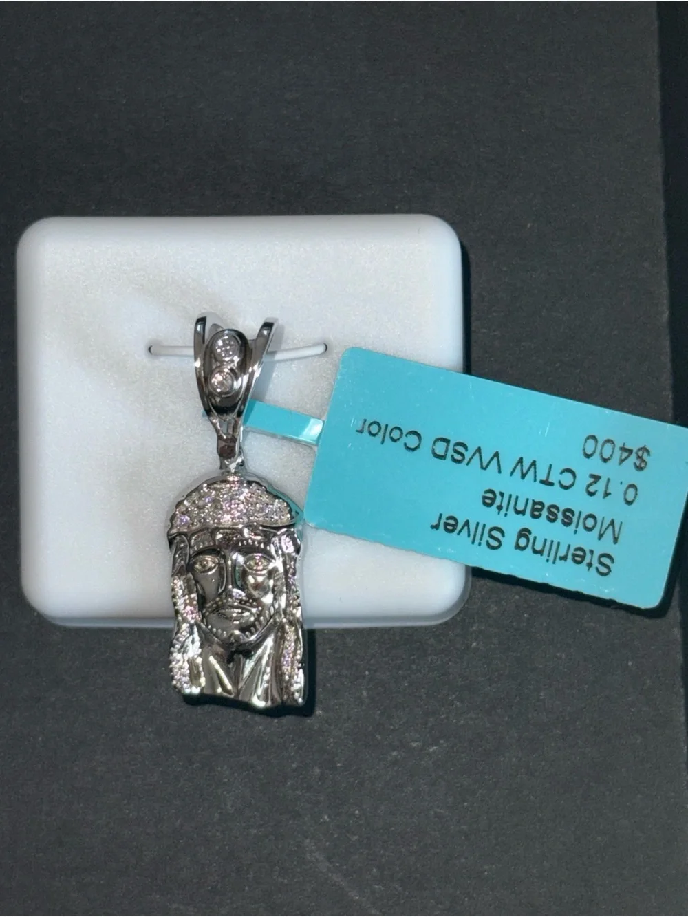 925 Silver Jesus Face Pendant Moissanite w/ 22” Figaro Chain New With Tags